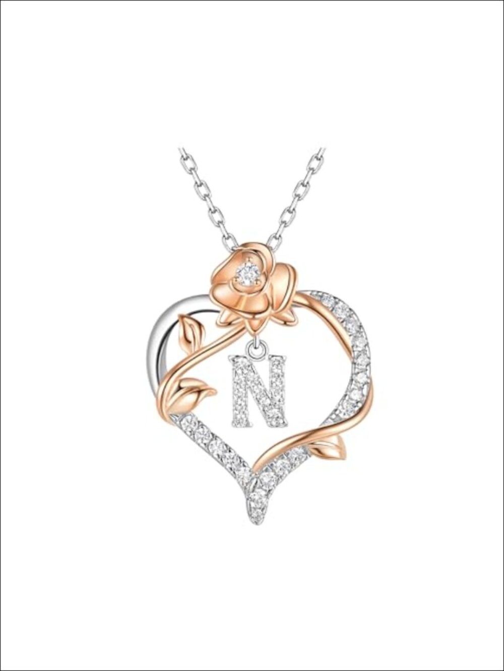 Dainty Rose Heart Initial Necklace, 925 Sterling Silver Adjustable Pendant
